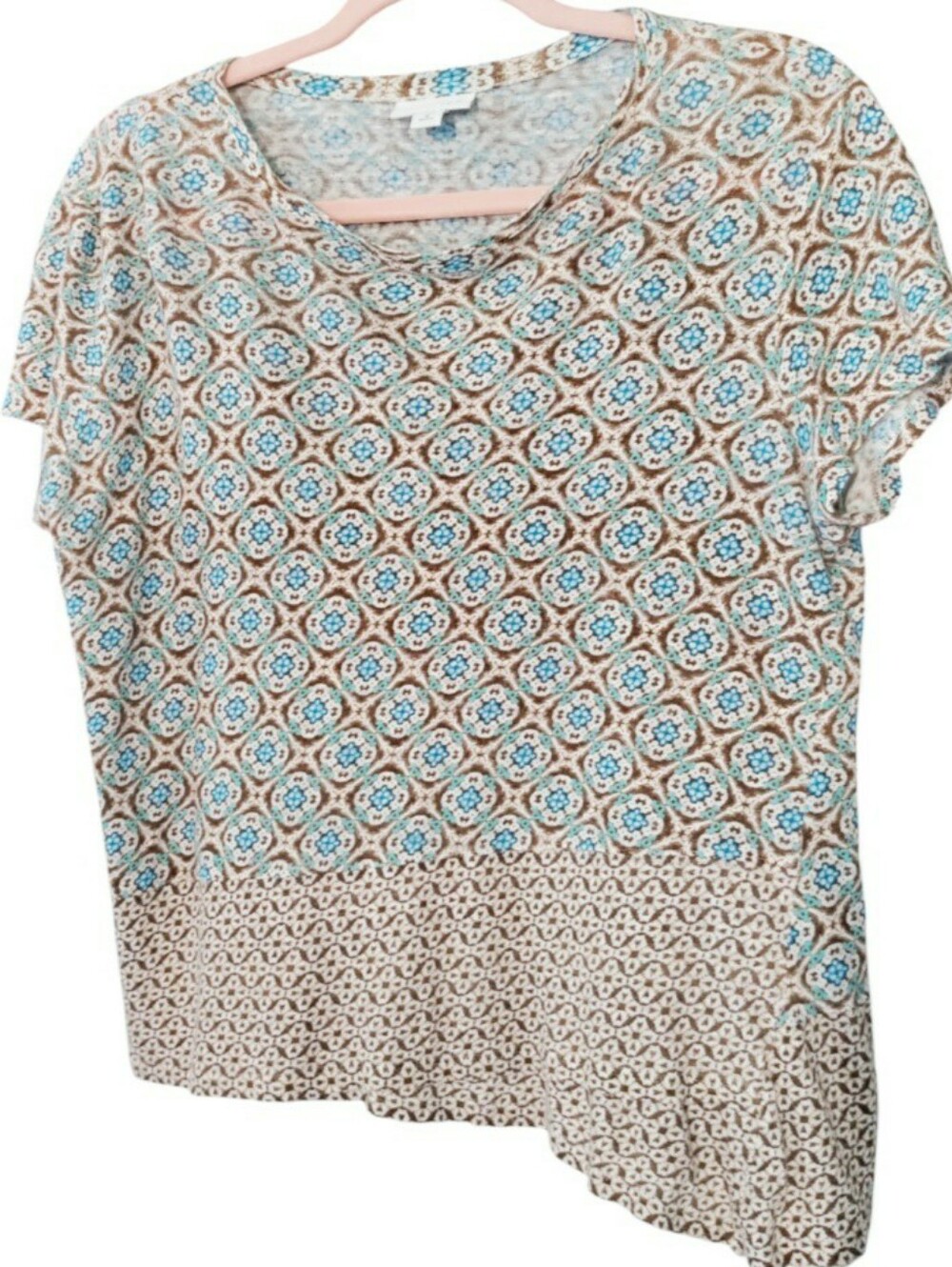 J. Jill Love Linen Geometric Print Top 100% Linen Short Sleeve Coastal Boho